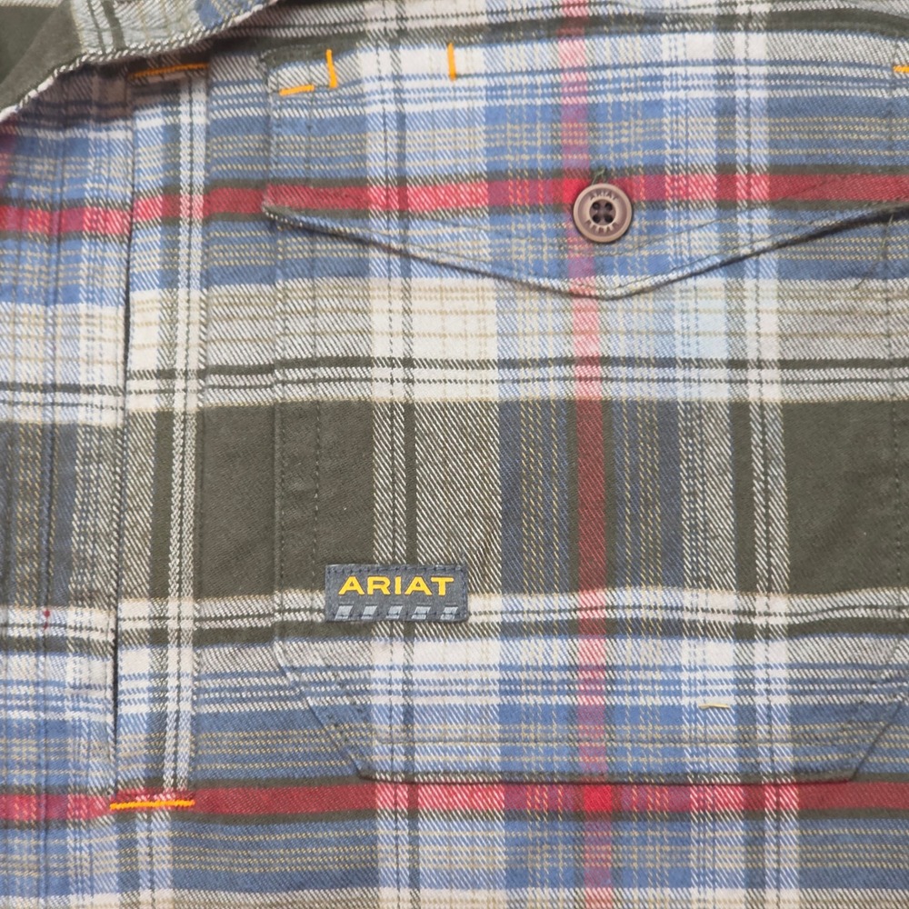 Ariat Rebar Mens Medium Plaid Flannel Work Shirt Olive Red Blue Button Down - Picture 5 of 10
